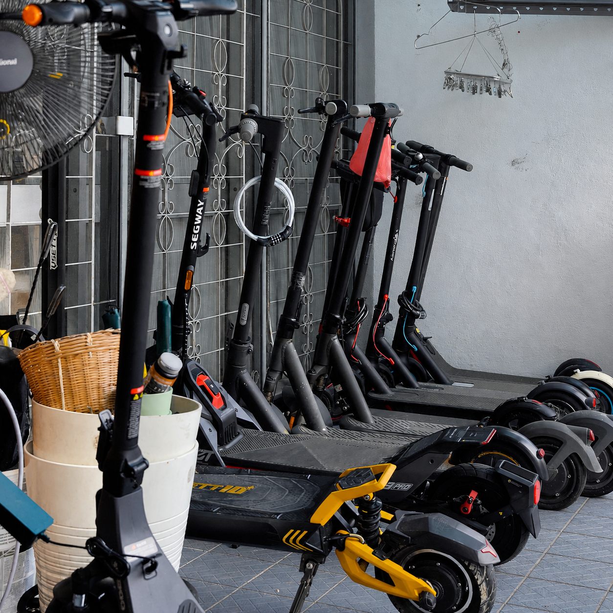 Electric scooters lined up at the Dr Scooter showroom